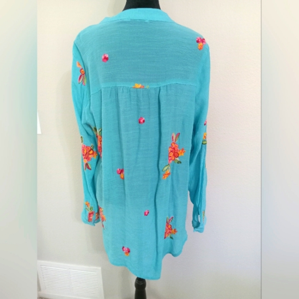 Figueroa & Flower Aqua Embroidered Boho Blouse - Picture 2 of 11